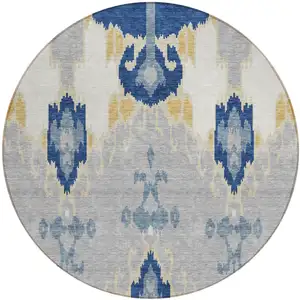 Photo of 8' Navy Blue Ivory And Gray Round Ikat Washable Indoor Outdoor Area Rug