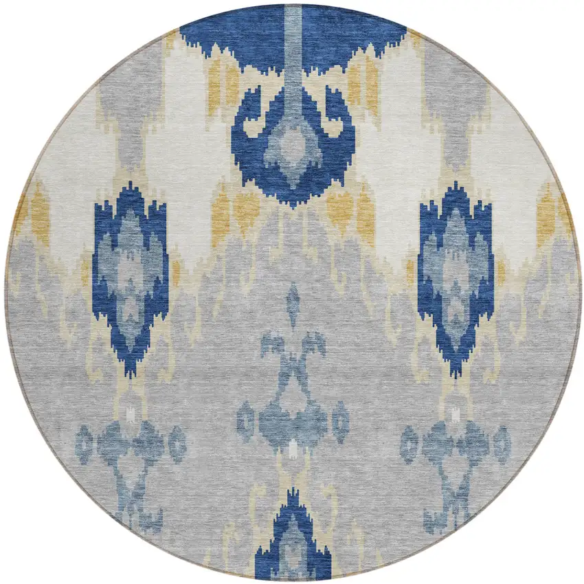 8' Navy Blue Ivory And Gray Round Ikat Washable Indoor Outdoor Area Rug Photo 1
