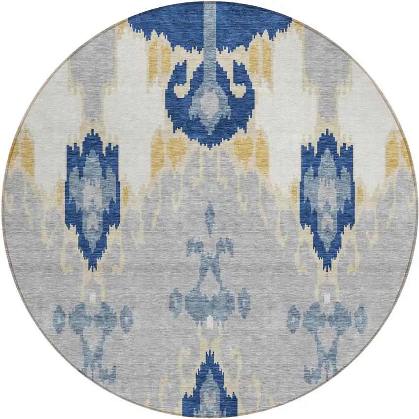 8' Navy Blue Ivory And Gray Round Ikat Washable Indoor Outdoor Area Rug Photo 1