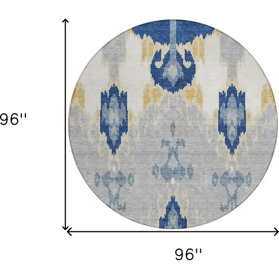 8' Navy Blue Ivory And Gray Round Ikat Washable Indoor Outdoor Area Rug Photo 9