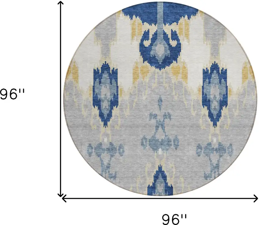 8' Navy Blue Ivory And Gray Round Ikat Washable Indoor Outdoor Area Rug Photo 9