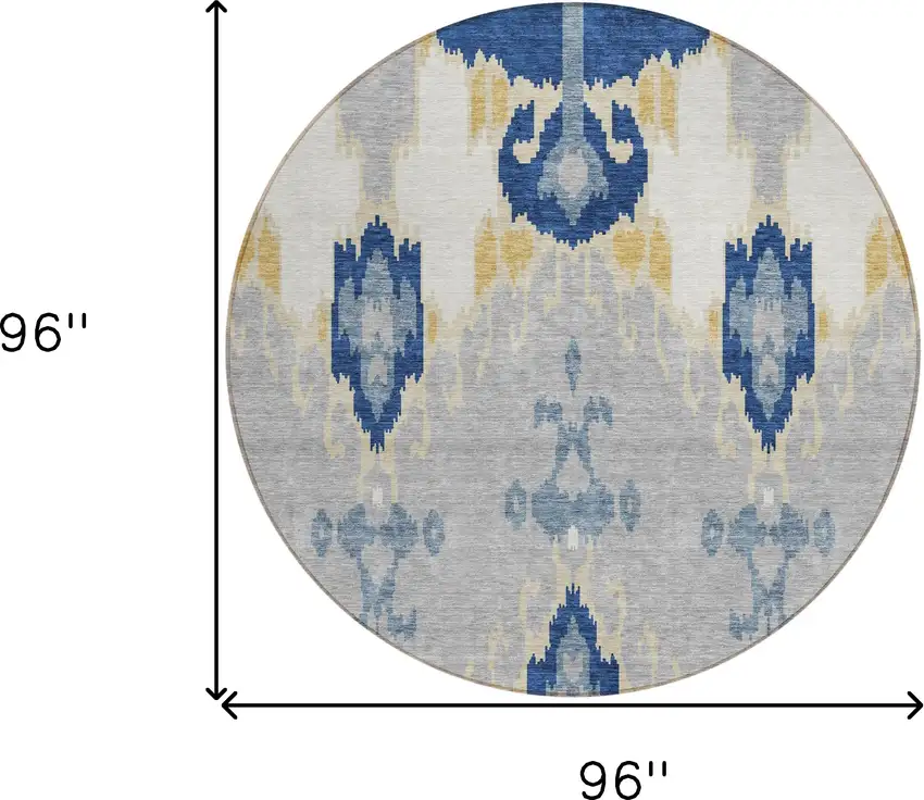 8' Navy Blue Ivory And Gray Round Ikat Washable Indoor Outdoor Area Rug Photo 9