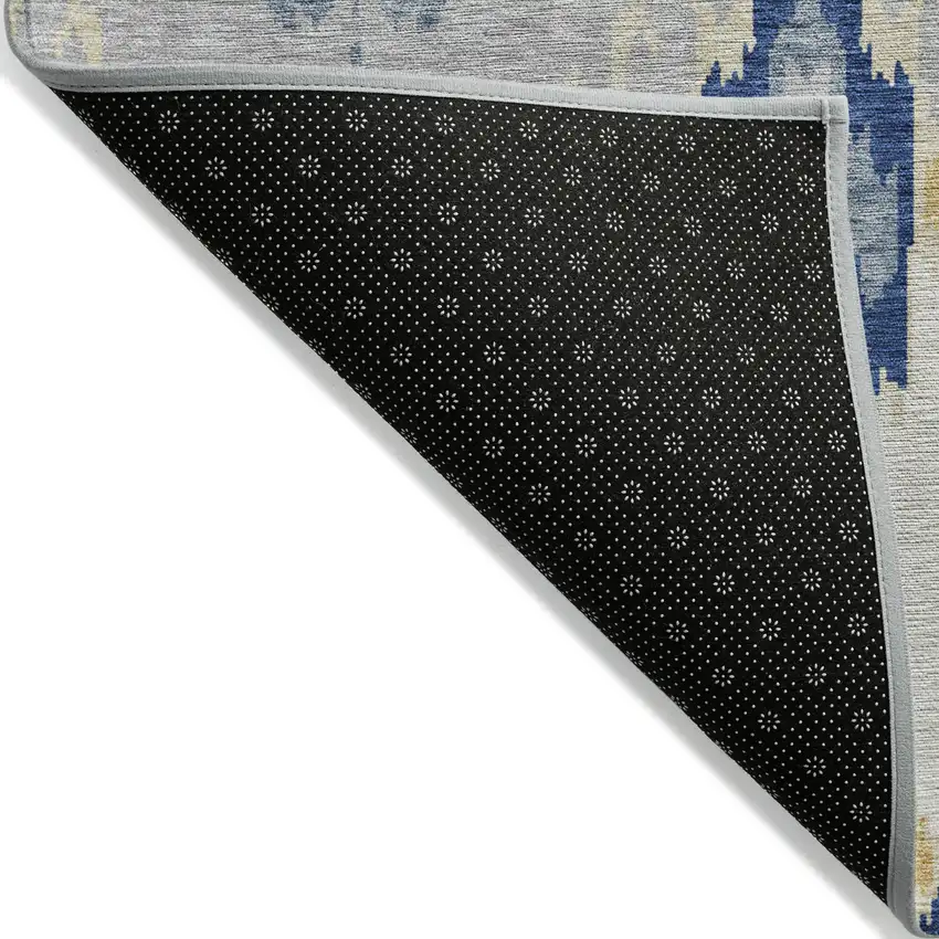 8' Navy Blue Ivory And Gray Round Ikat Washable Indoor Outdoor Area Rug Photo 2
