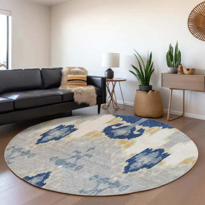 8' Navy Blue Ivory And Gray Round Ikat Washable Indoor Outdoor Area Rug Photo 8