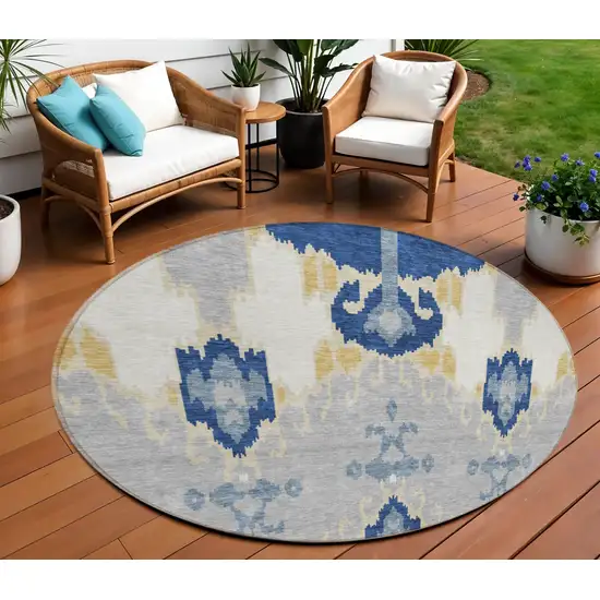 8' Navy Blue Ivory And Gray Round Ikat Washable Indoor Outdoor Area Rug Photo 1