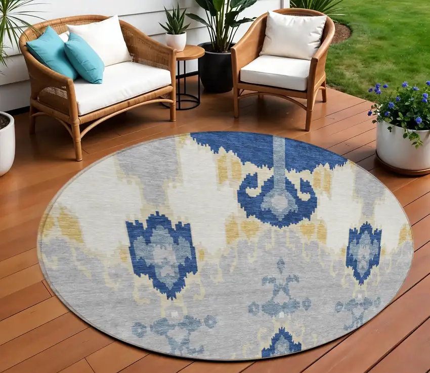 8' Navy Blue Ivory And Gray Round Ikat Washable Indoor Outdoor Area Rug Photo 1