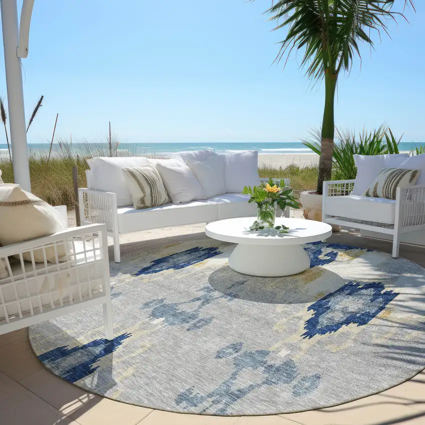 8' Navy Blue Ivory And Gray Round Ikat Washable Indoor Outdoor Area Rug Photo 7