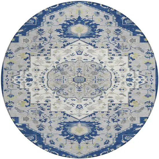 8' Navy Blue Ivory And Gray Round Oriental Washable Indoor Outdoor Area Rug Photo 2