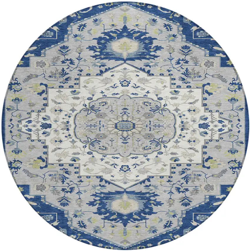 8' Navy Blue Ivory And Gray Round Oriental Washable Indoor Outdoor Area Rug Photo 2