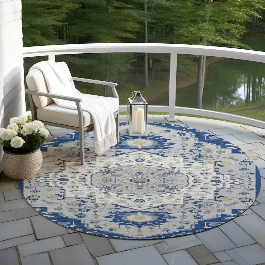 8' Navy Blue Ivory And Gray Round Oriental Washable Indoor Outdoor Area Rug Photo 6