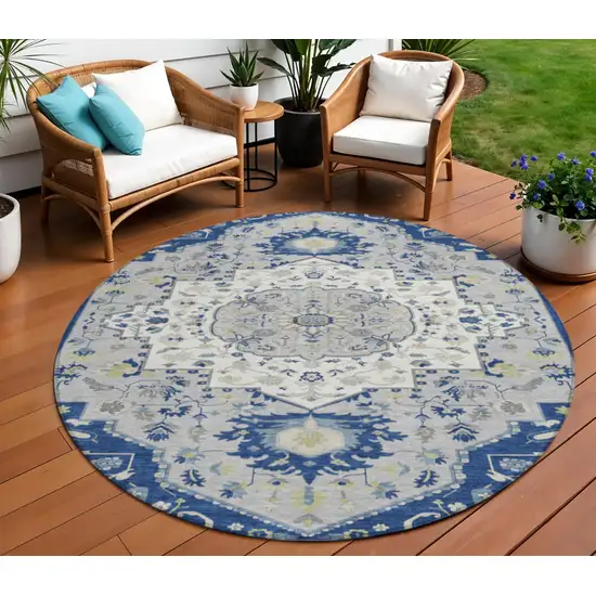 8' Navy Blue Ivory And Gray Round Oriental Washable Indoor Outdoor Area Rug Photo 1
