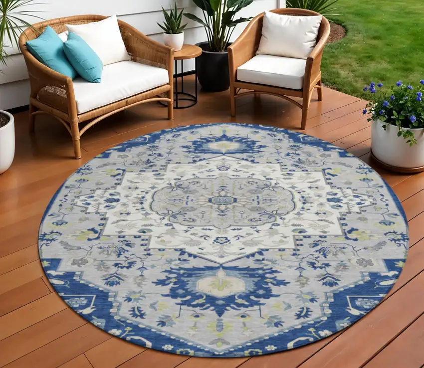 8' Navy Blue Ivory And Gray Round Oriental Washable Indoor Outdoor Area Rug Photo 1