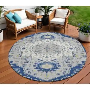 Photo of 8' Navy Blue Ivory And Gray Round Oriental Washable Indoor Outdoor Area Rug