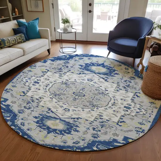 8' Navy Blue Ivory And Gray Round Oriental Washable Indoor Outdoor Area Rug Photo 7