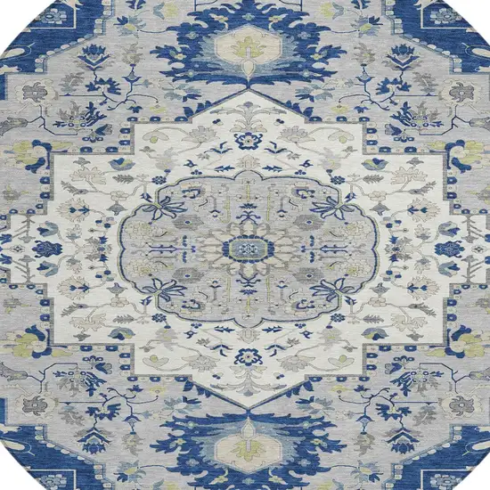 8' Navy Blue Ivory And Gray Round Oriental Washable Indoor Outdoor Area Rug Photo 4