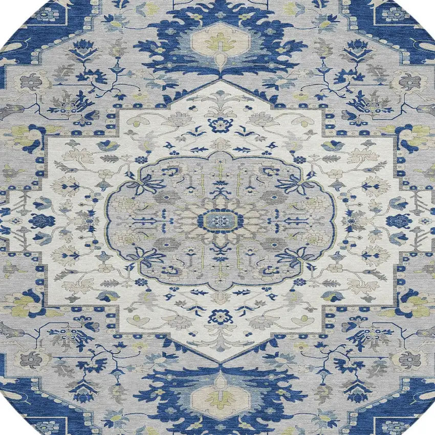 8' Navy Blue Ivory And Gray Round Oriental Washable Indoor Outdoor Area Rug Photo 4