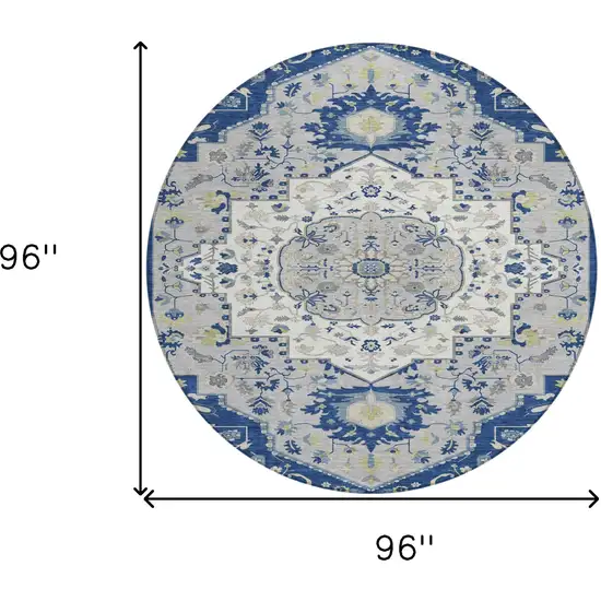 8' Navy Blue Ivory And Gray Round Oriental Washable Indoor Outdoor Area Rug Photo 3