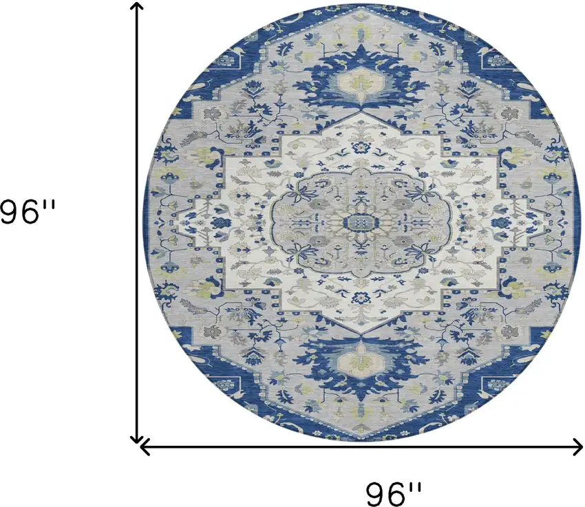 8' Navy Blue Ivory And Gray Round Oriental Washable Indoor Outdoor Area Rug Photo 3