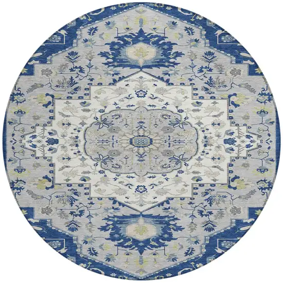 8' Navy Blue Ivory And Gray Round Oriental Washable Indoor Outdoor Area Rug Photo 5