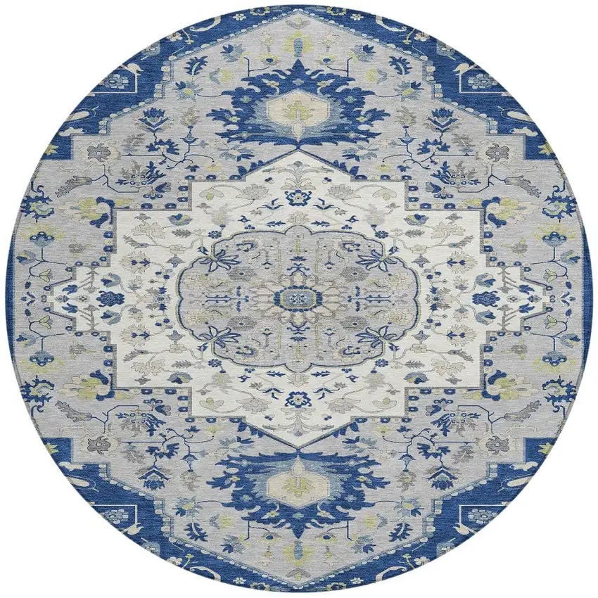8' Navy Blue Ivory And Gray Round Oriental Washable Indoor Outdoor Area Rug Photo 5
