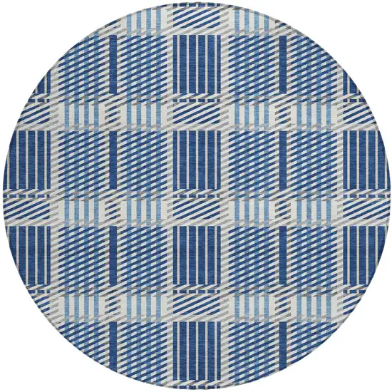 8' Navy Blue Ivory And Gray Round Plaid Washable Indoor Outdoor Area Rug Photo 2