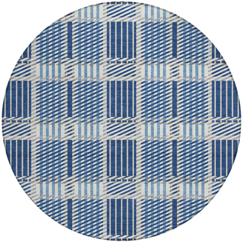8' Navy Blue Ivory And Gray Round Plaid Washable Indoor Outdoor Area Rug Photo 2