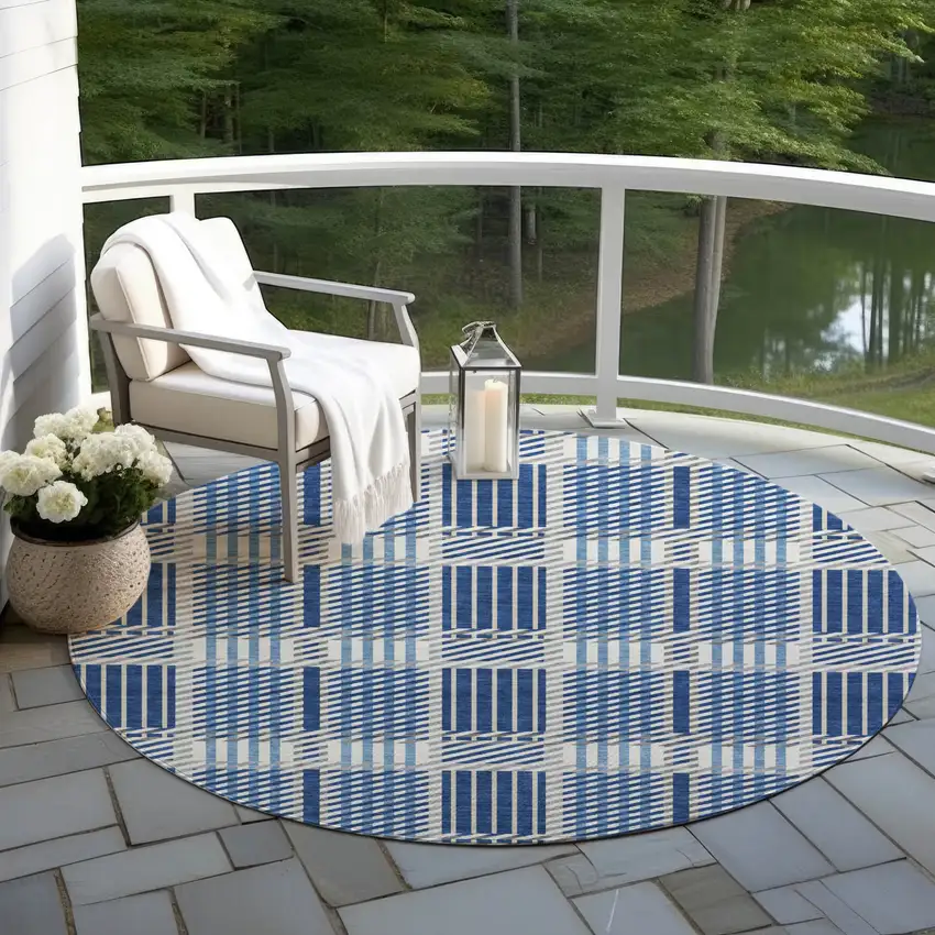 8' Navy Blue Ivory And Gray Round Plaid Washable Indoor Outdoor Area Rug Photo 7