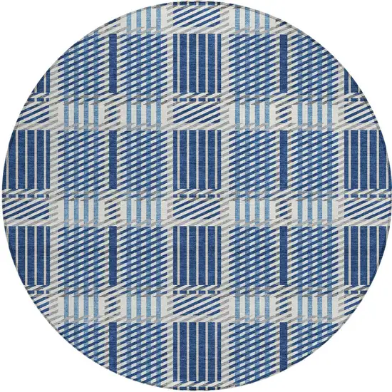 8' Navy Blue Ivory And Gray Round Plaid Washable Indoor Outdoor Area Rug Photo 6
