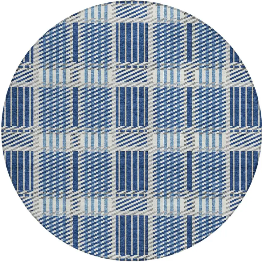 8' Navy Blue Ivory And Gray Round Plaid Washable Indoor Outdoor Area Rug Photo 6