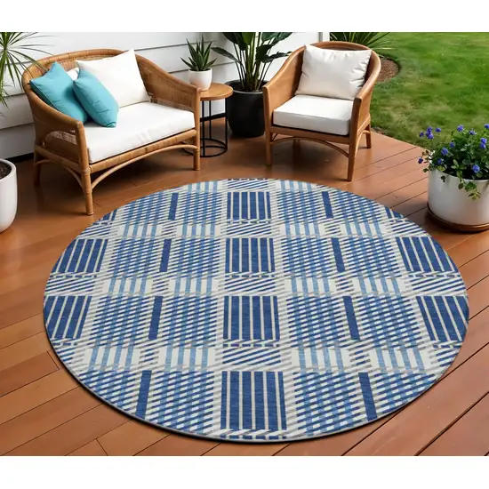 8' Navy Blue Ivory And Gray Round Plaid Washable Indoor Outdoor Area Rug Photo 1