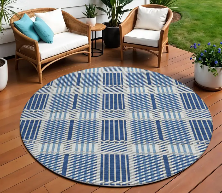 8' Navy Blue Ivory And Gray Round Plaid Washable Indoor Outdoor Area Rug Photo 1