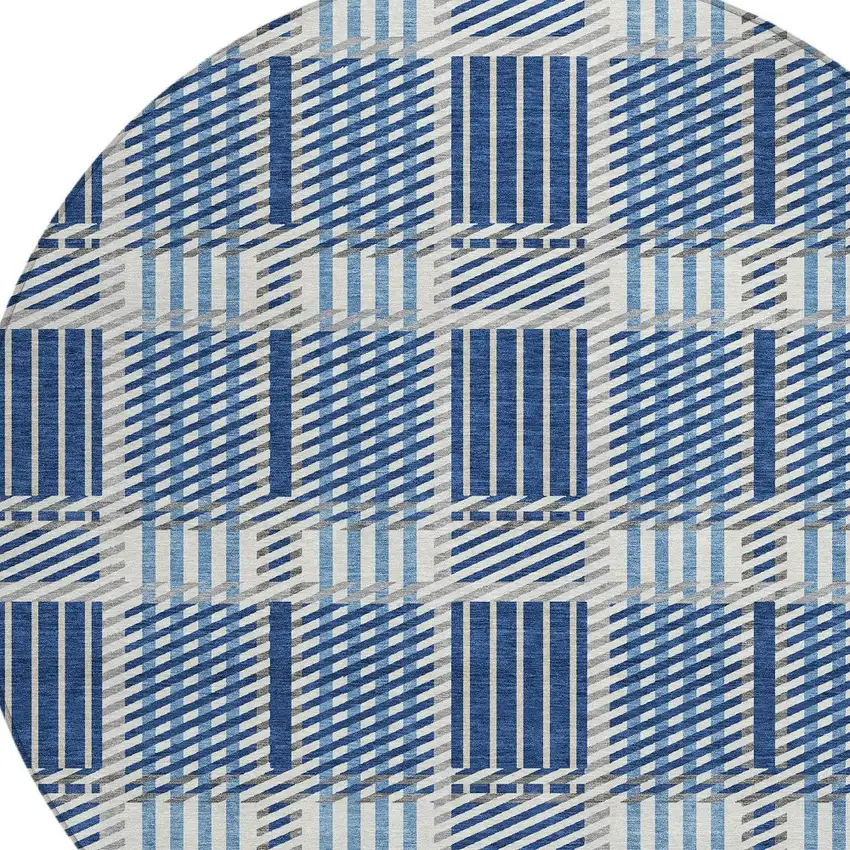 8' Navy Blue Ivory And Gray Round Plaid Washable Indoor Outdoor Area Rug Photo 4