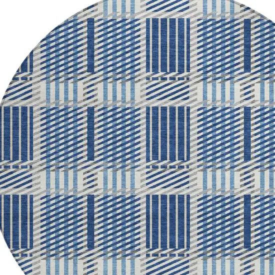 8' Navy Blue Ivory And Gray Round Plaid Washable Indoor Outdoor Area Rug Photo 4