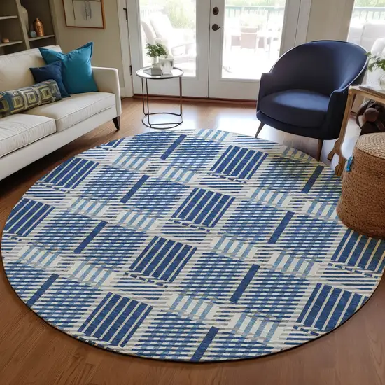 8' Navy Blue Ivory And Gray Round Plaid Washable Indoor Outdoor Area Rug Photo 8