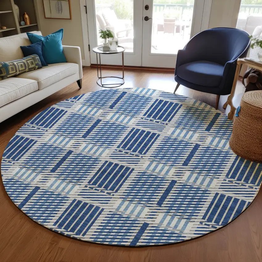 8' Navy Blue Ivory And Gray Round Plaid Washable Indoor Outdoor Area Rug Photo 8