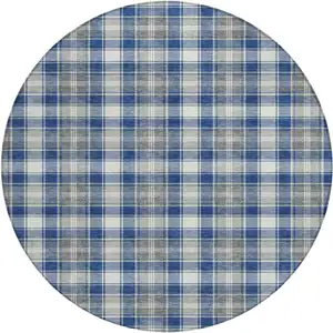 Photo of 8' Navy Blue Ivory And Gray Round Plaid Washable Indoor Outdoor Area Rug