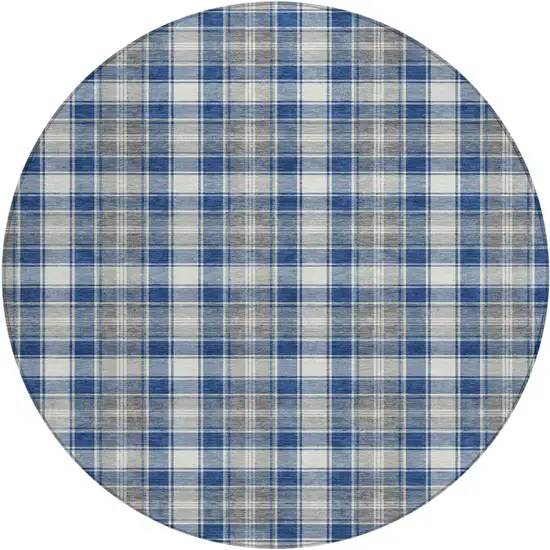 8' Navy Blue Ivory And Gray Round Plaid Washable Indoor Outdoor Area Rug Photo 1