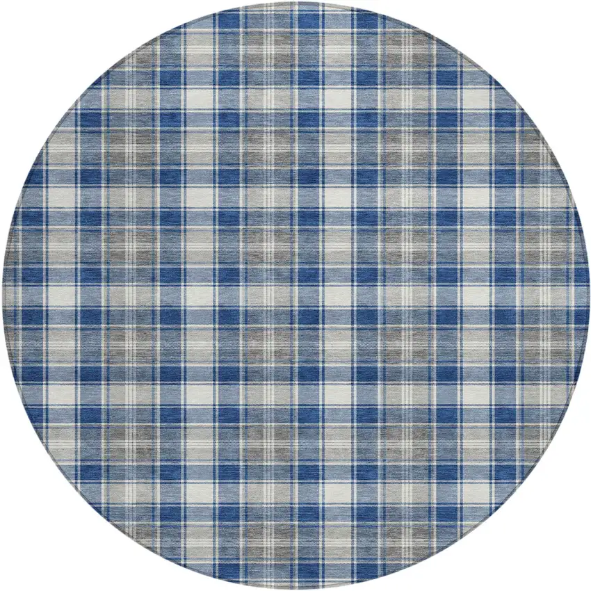 8' Navy Blue Ivory And Gray Round Plaid Washable Indoor Outdoor Area Rug Photo 1
