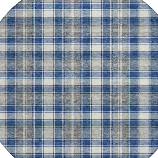 8' Navy Blue Ivory And Gray Round Plaid Washable Indoor Outdoor Area Rug Photo 8