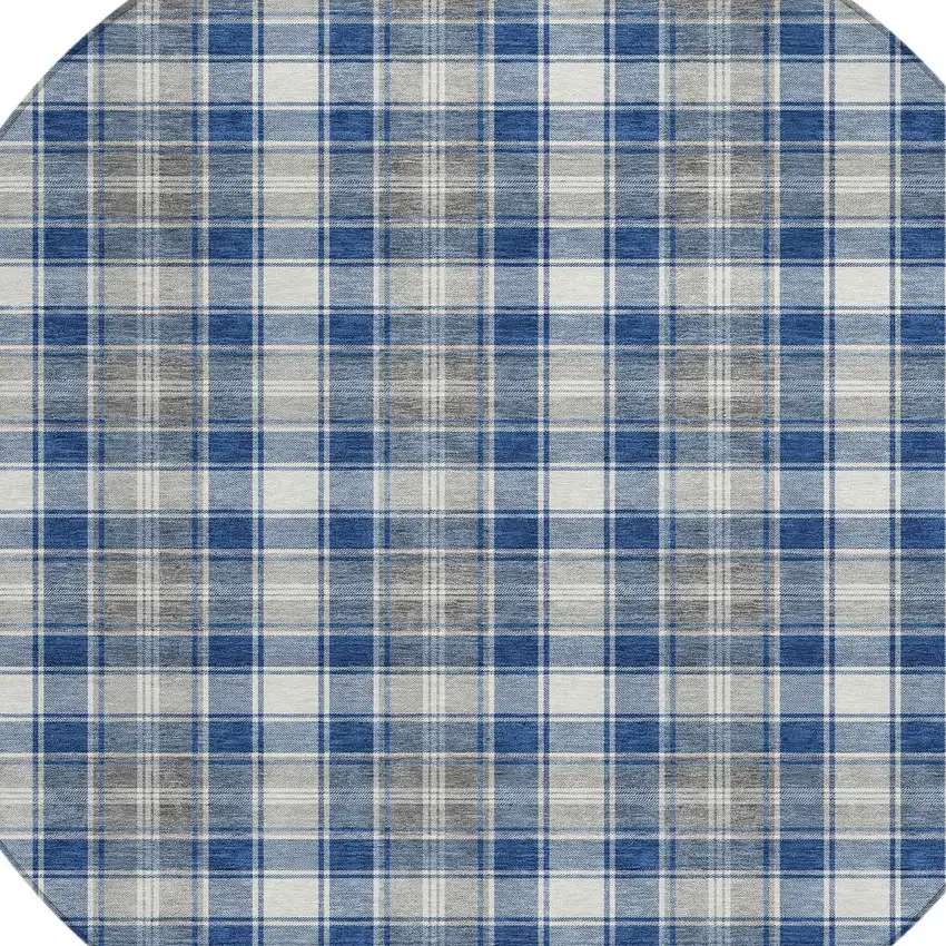 8' Navy Blue Ivory And Gray Round Plaid Washable Indoor Outdoor Area Rug Photo 8