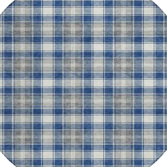 8' Navy Blue Ivory And Gray Round Plaid Washable Indoor Outdoor Area Rug Photo 4