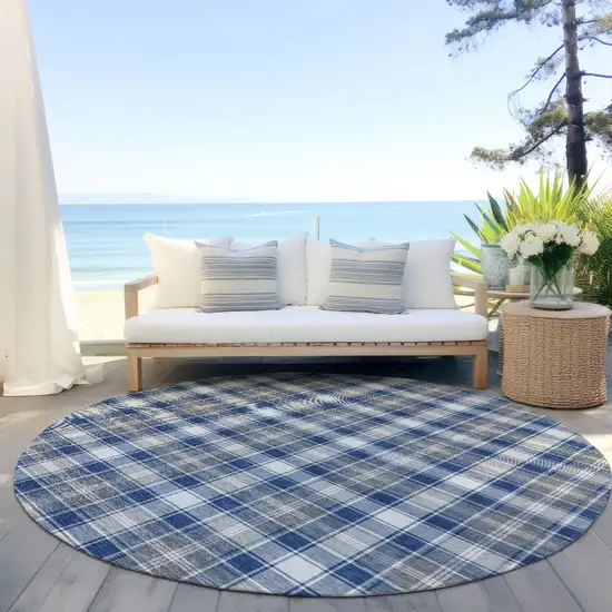 8' Navy Blue Ivory And Gray Round Plaid Washable Indoor Outdoor Area Rug Photo 5