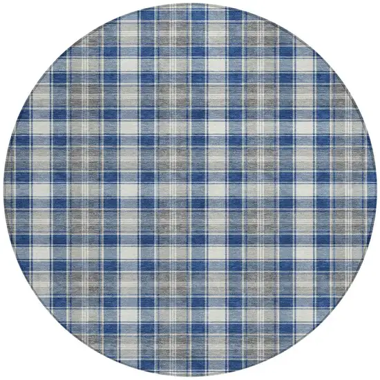 8' Navy Blue Ivory And Gray Round Plaid Washable Indoor Outdoor Area Rug Photo 3