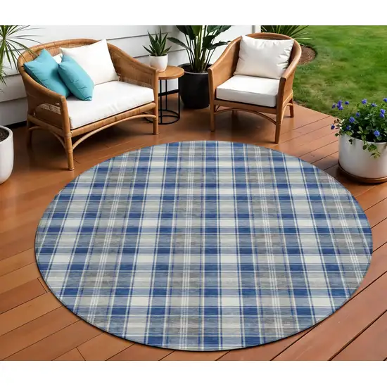 8' Navy Blue Ivory And Gray Round Plaid Washable Indoor Outdoor Area Rug Photo 2