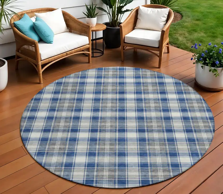 8' Navy Blue Ivory And Gray Round Plaid Washable Indoor Outdoor Area Rug Photo 2