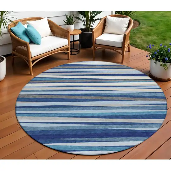 8' Navy Blue Ivory And Gray Round Striped Washable Indoor Outdoor Area Rug Photo 1