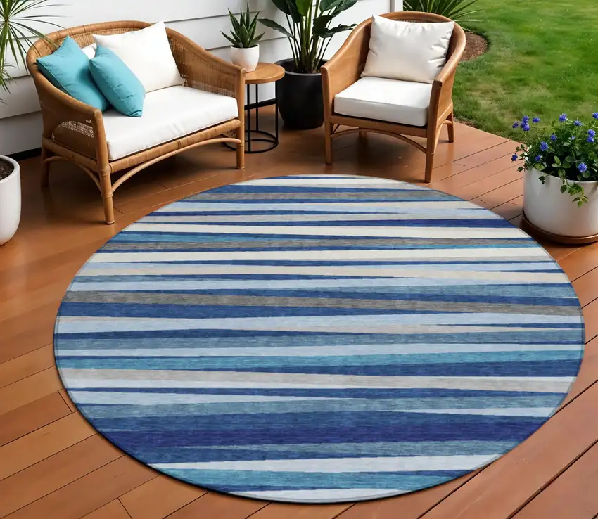 8' Navy Blue Ivory And Gray Round Striped Washable Indoor Outdoor Area Rug Photo 1