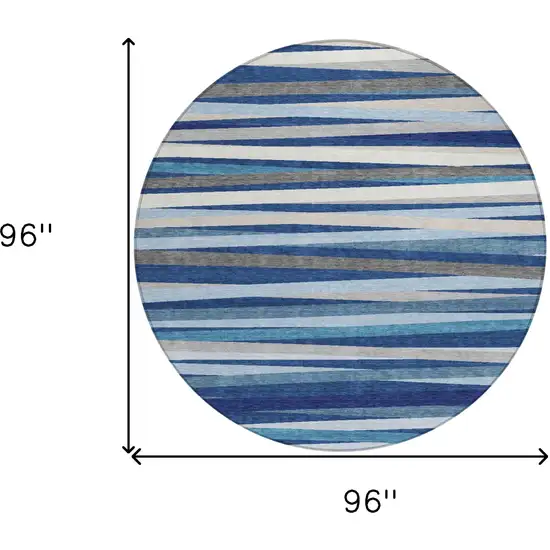 8' Navy Blue Ivory And Gray Round Striped Washable Indoor Outdoor Area Rug Photo 3