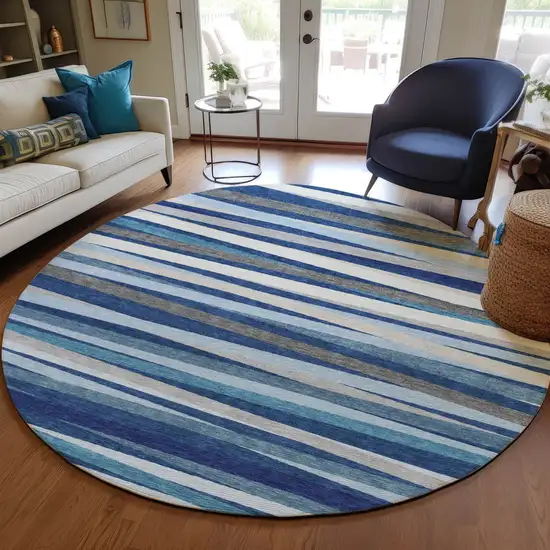 8' Navy Blue Ivory And Gray Round Striped Washable Indoor Outdoor Area Rug Photo 7