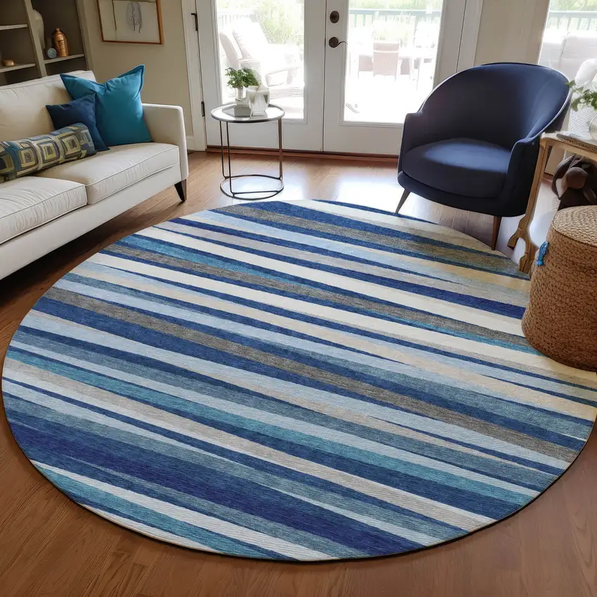 8' Navy Blue Ivory And Gray Round Striped Washable Indoor Outdoor Area Rug Photo 7